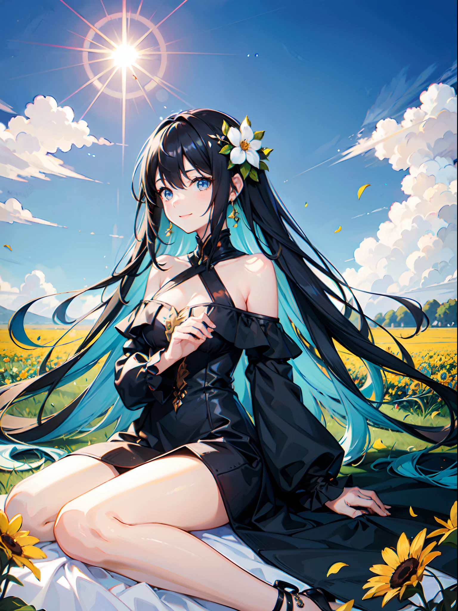 one girls, Black hair, length hair, Shoulder dress, smil, flower field, blue-sky, suns, high-level image quality, Delicate illustration, hightquality, Ultra-delicate,