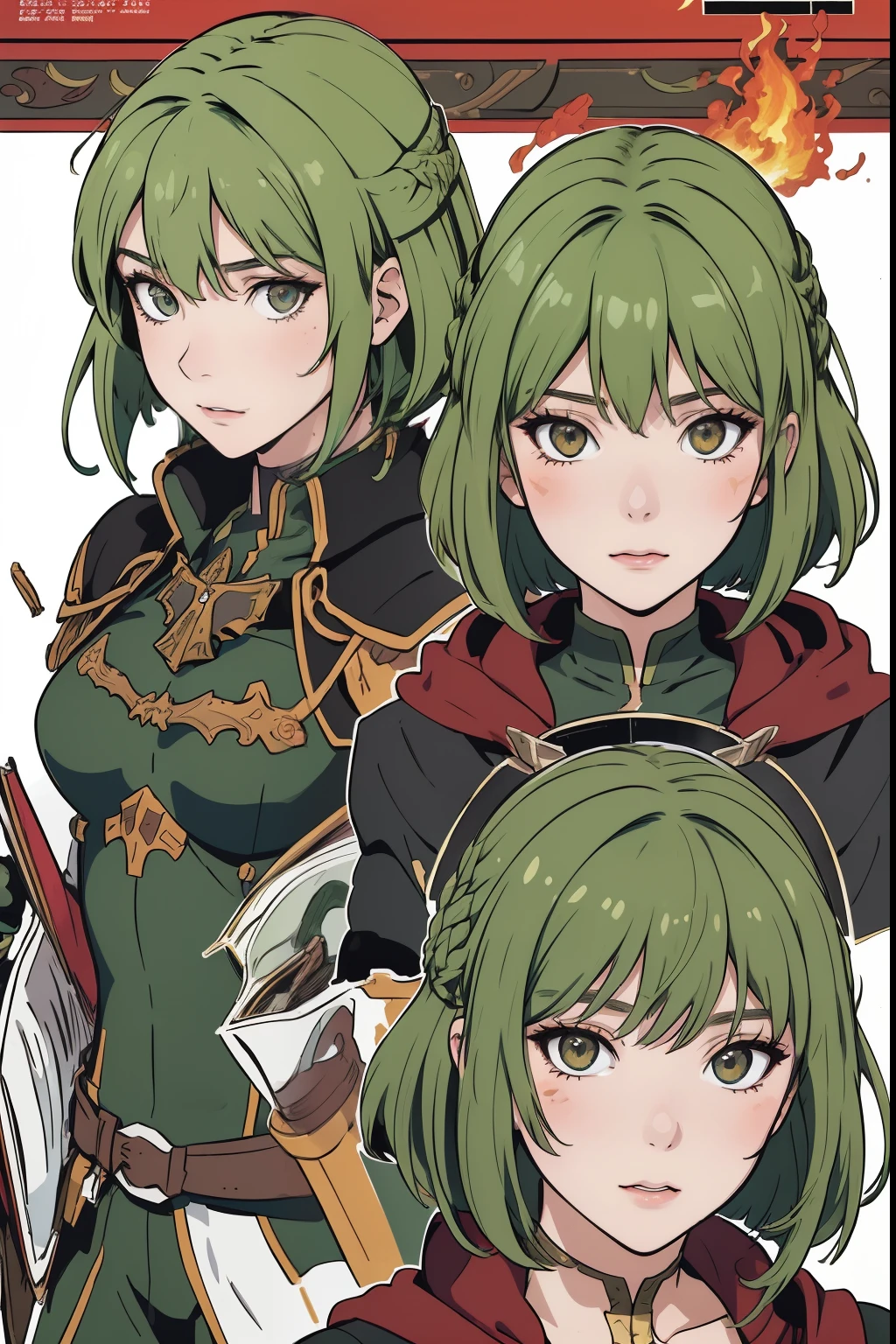 (masuter piece,Best Quality,Ultra-detailed), (A detailed face), ((Character Sheet:1.2)), blond eyes,(Green hair:1.1), (bob cuts), Two-tone hair,body suit,Black and red cloak, flat-chest, Dagger decoration,((Fire emblem)), 1girl in, the same character,  (magazine:1.3), (cover-style:1.3),