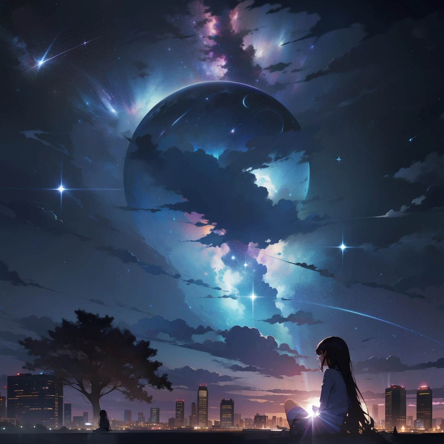 sky, star (sky), scenery, starry sky, night, 1girl, night sky, solo, outdoors, building, cloud, milky way, sitting, tree, long hair, city, silhouette, cityscape