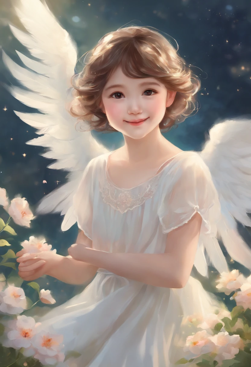 Top quality, Pastel painting, Gentle atmosphere, Twin Girl Angel, Cute, White wings, Smiling happily, Short brown hair of different colors, A blue eye, A green eye, Dresses of different colors, flower hair ornaments, Upper body, looking at viewert, space, meteors, Light,Generous buttocks