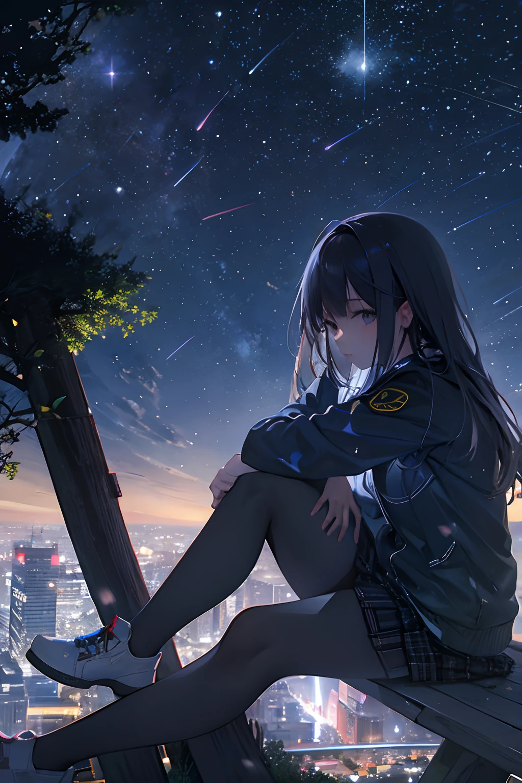 octans, sky, star (sky), scenery, starry sky, night, 1girl, night sky, solo, outdoors, building, cloud, milky way, sitting, tree, long hair, city, silhouette, cityscape