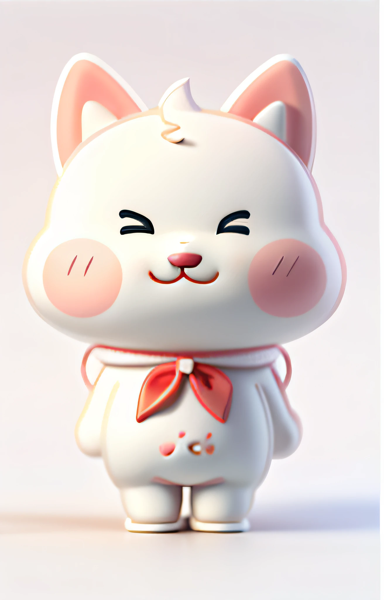 There is a cartoon cat with a red bow around its neck, Kawaii cat, Skiing - CI, touch, tchibi, inspired by Chen Chi, chiho, Kawaii chibi, inspired by Cui Bai, Simbri, fat chibi grey cat, A cute cat, cute character, chibiStyle, cutecore, Loli, clear cute face, eechi, cl,Blind box style,White clean background,Studio lighting