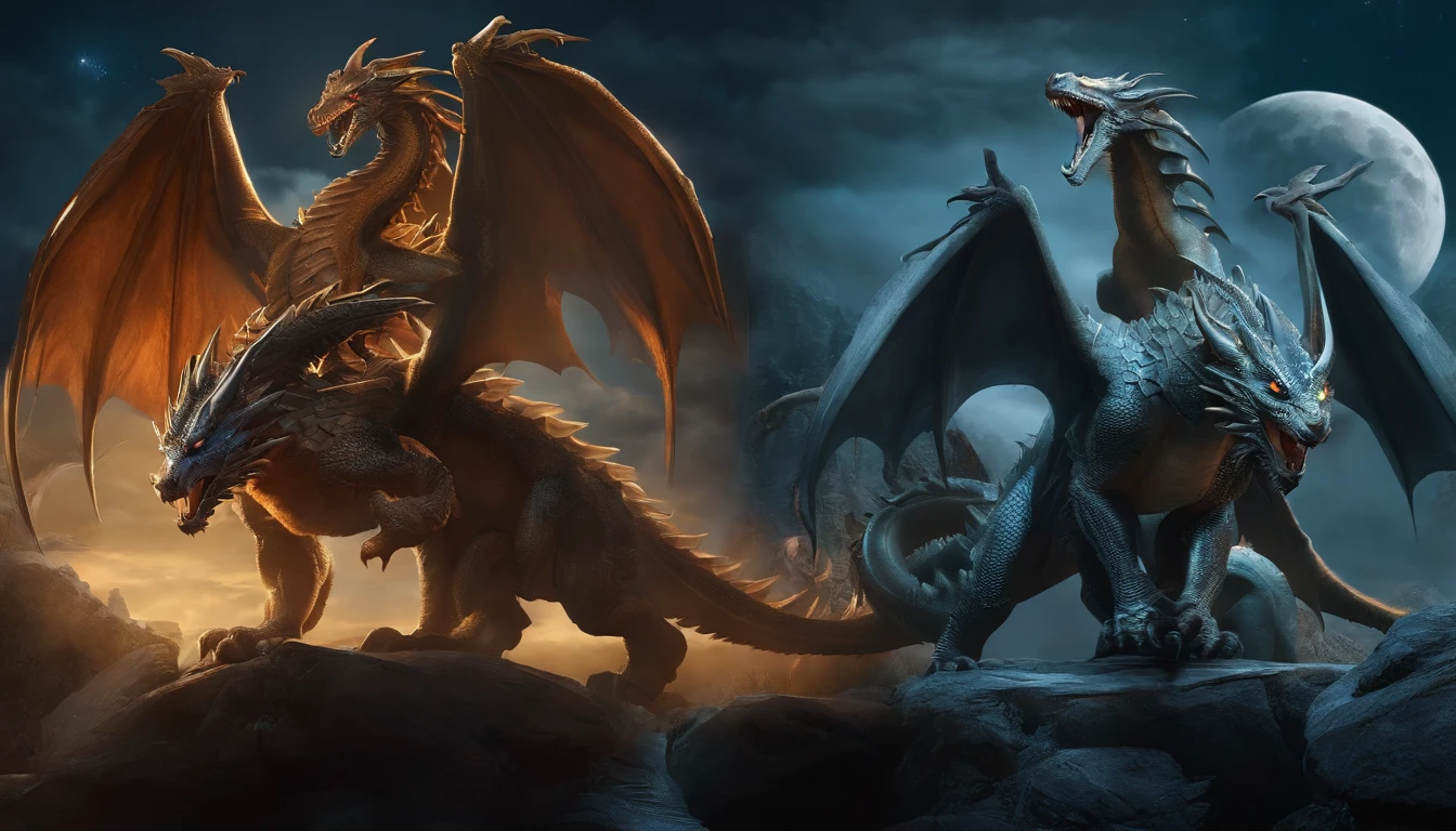 Makes a fire dragon with black scales. The head is fierce . This first dragon fights an ice dragon , with dark blue scales.Background : in a fiery environment. Lightning frames the two dragons . They fight each other. realist