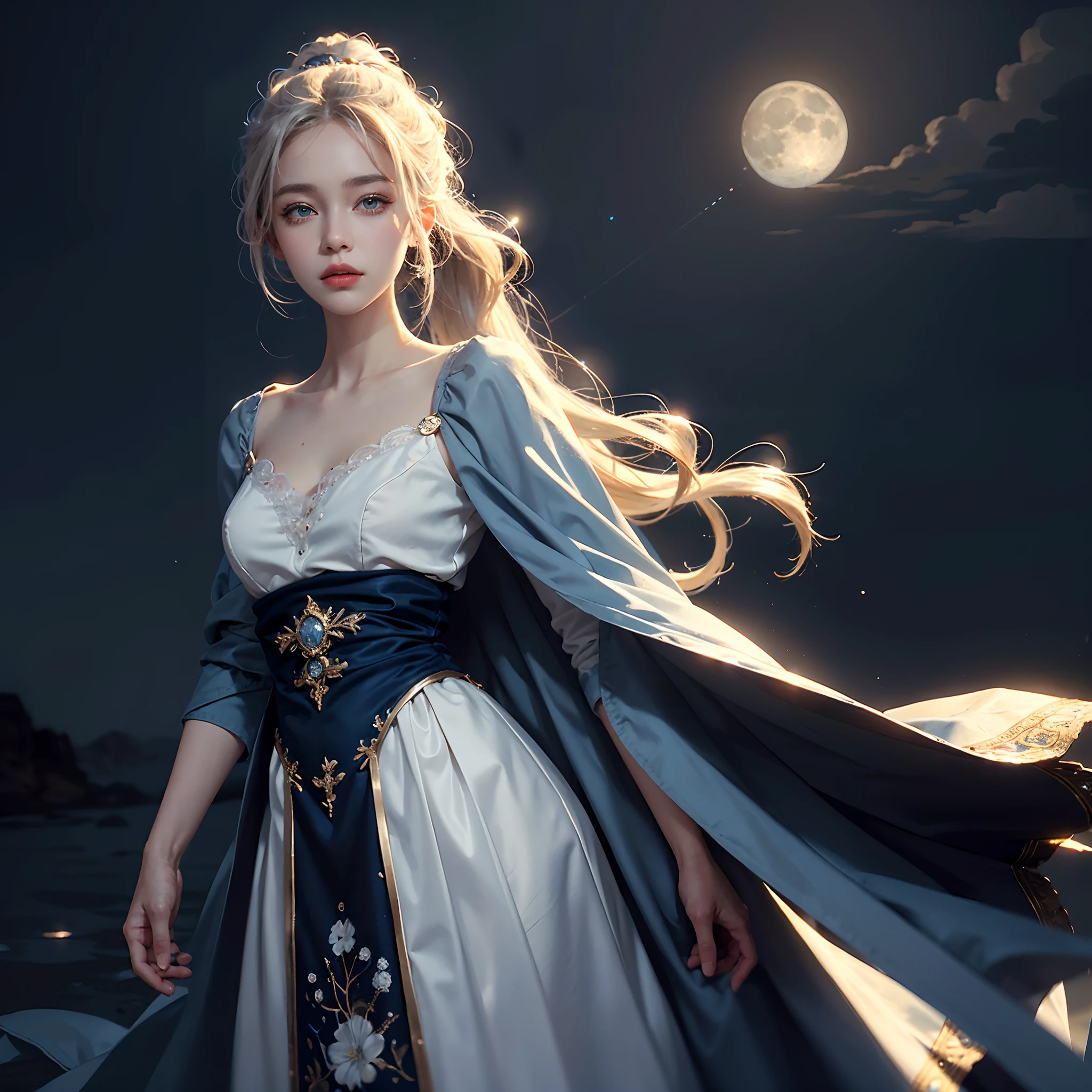 Masterpiece, (Best quality: 1.2), (Super fine: 1.2), illustration, (Extremely delicate and beautiful: 1.2), Film angle, Floating, (beatiful detailed eyes: 1.1), (Detail light: 1.1), film lights, Exquisite sky, woman, White hair, Blue eyes, (High ponytail: 1.1), Cloak, Glowing eyes, (Moon: 1.2), (Moonlight: 1.1), Starry sky, (Light particles: 1.1), Heavy fog , Snow painting, sketching, full bloom