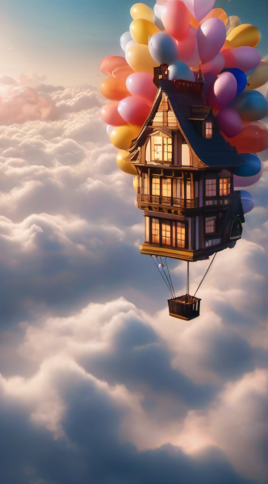((Flying above the clouds(A house with lots of balloons)is flying))、Masterpiece、A hyper-realistic、Highly detailed background，Realistic，ultra-detailliert，super detailed skin，light glow，Film grain，Expro II，Lens Flare，Sharpen，cinematic shadow