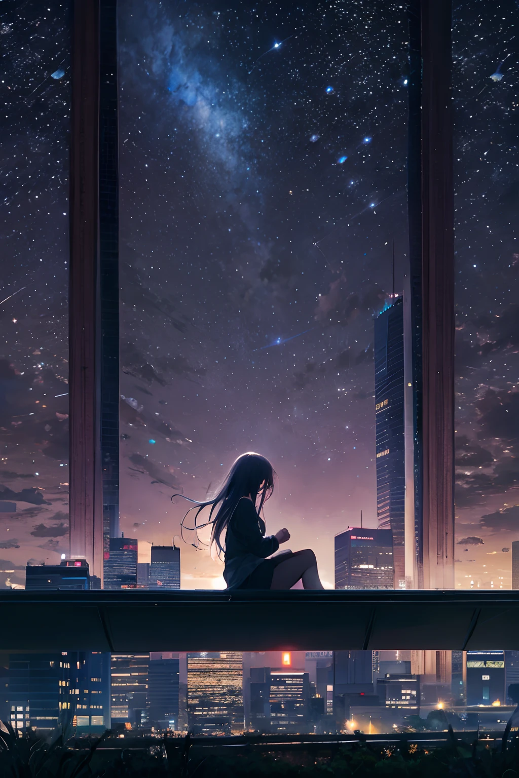 octans, sky, star (sky), scenery, starry sky, night, 1girl, night sky, solo, outdoors, building, cloud, milky way, sitting, tree, long hair, city, silhouette, cityscape