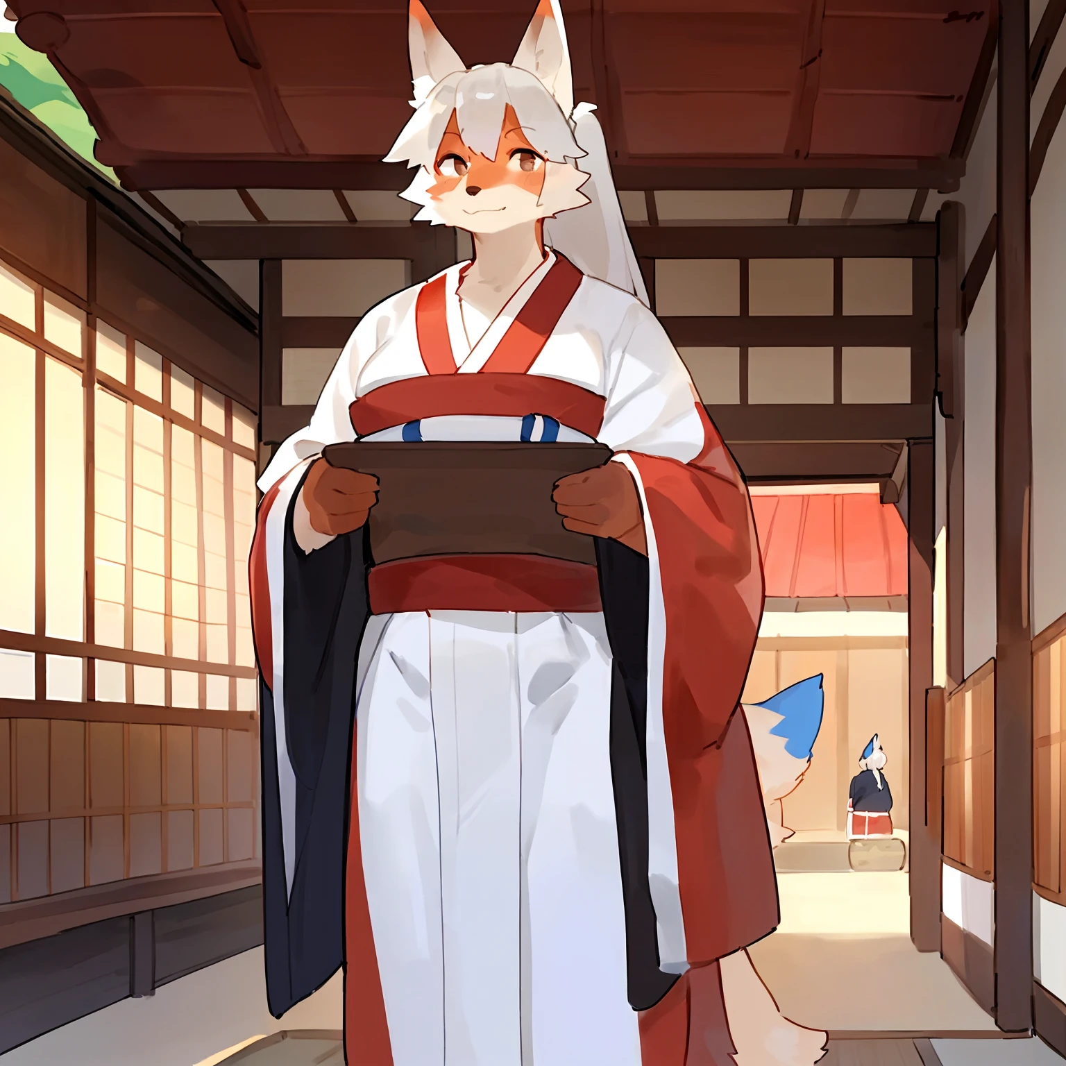 by bebebebebe, by goonie-san, by bigcozyorca, by buta99, solo, female, fox, vulpine, (snout, hair), long hair, ponytail, Kanzashi, white fur, red elements to fur, tail, standing, white kimono, full kimono, lithe body, slim body, Japanese village.