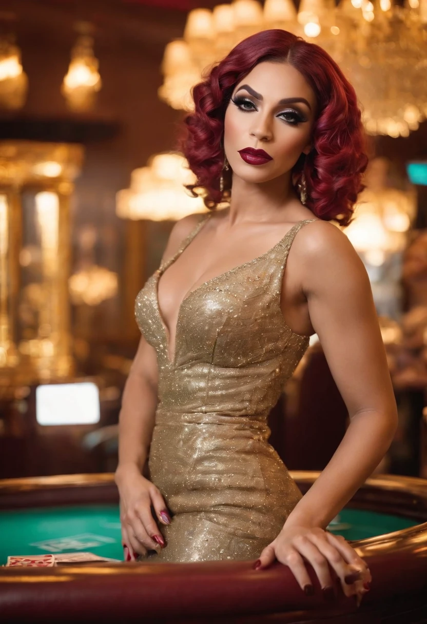 title: "Vida Luxuosa nas Cartas: A Drag Queen Dealer"
description: Crie uma arte que retrate uma cena vibrante e glamorosa em um cassino. No centro da imagem, uma deslumbrante drag queen, totalmente caracterizada com um look extravagante, is sitting behind a casino table, pronta para embaralhar as cartas. Ela usa um vestido longo e brilhante, com penas e lantejoulas coloridas, along with a lush wig and flawless makeup.
Ao redor da mesa, Players are delighted with the presence of the drag queen dealer, vestidos elegantemente e segurando fichas de cassino. Their expressions reveal a mixture of excitement and admiration, enquanto desfrutam da atmosfera glamorosa do local.
No fundo, The bright and flashy lights of the casino blend with the brightness of the slot machines and gaming tables. A arte deve capturar a energia vibrante e o senso de empoderamento que uma drag queen transmite, while maintaining the sophisticated and luxurious atmosphere of a casino.
Feel free to add additional elements, as elegant cocktails, notas de dinheiro voando pelo ar, or even a sign indicating the name of the casino. Show off the fun, o glamour e a magia que essa drag queen dealer traz ao mundo dos jogos de azar.