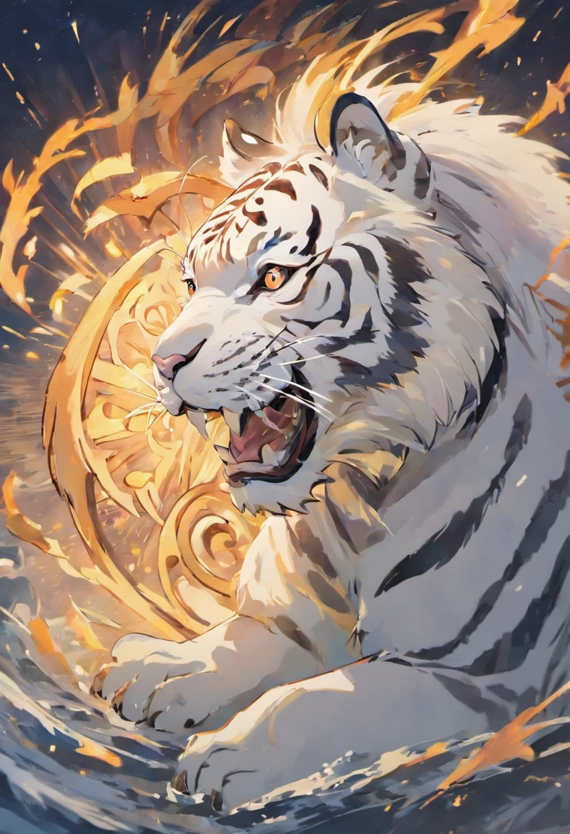 the white tiger，Mountain and Sea Sutra，mythological beasts，Handsome，Don't have characters，Tiger roar，Open your mouth and make a cry，full bodyesbian，walked