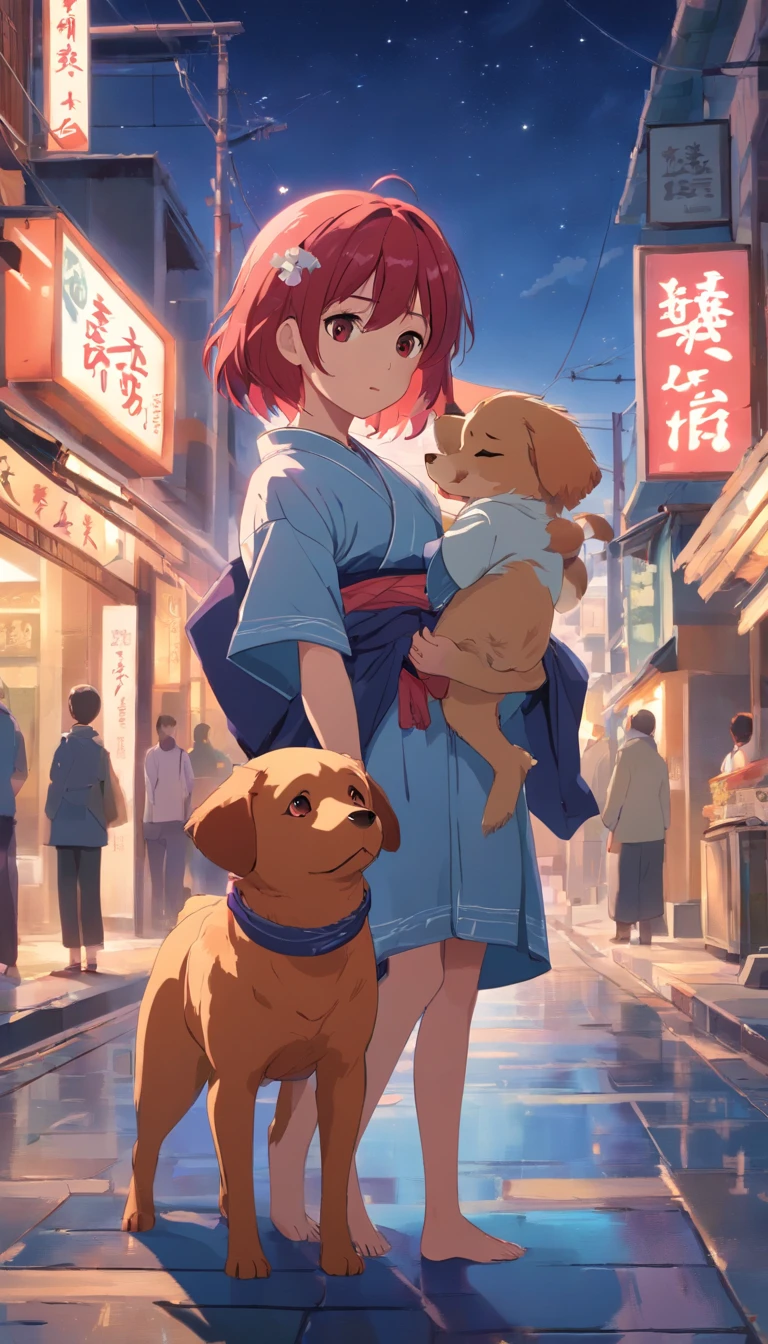 (aestheticly pleasing:1.2)、(A 7-year-old Japanese girl holding her red dog:1.3)、(Red and white colorful hair:1.2)、Wearing a colorful kimono in white and pink、Tokyo streets、Sit under the night sky、stargazing、Listen to music、full bodyesbian、Barefoot、(potbelly、prengant:1.3)、(full bodyesbian)、(Heterochromia、Heteropupil)