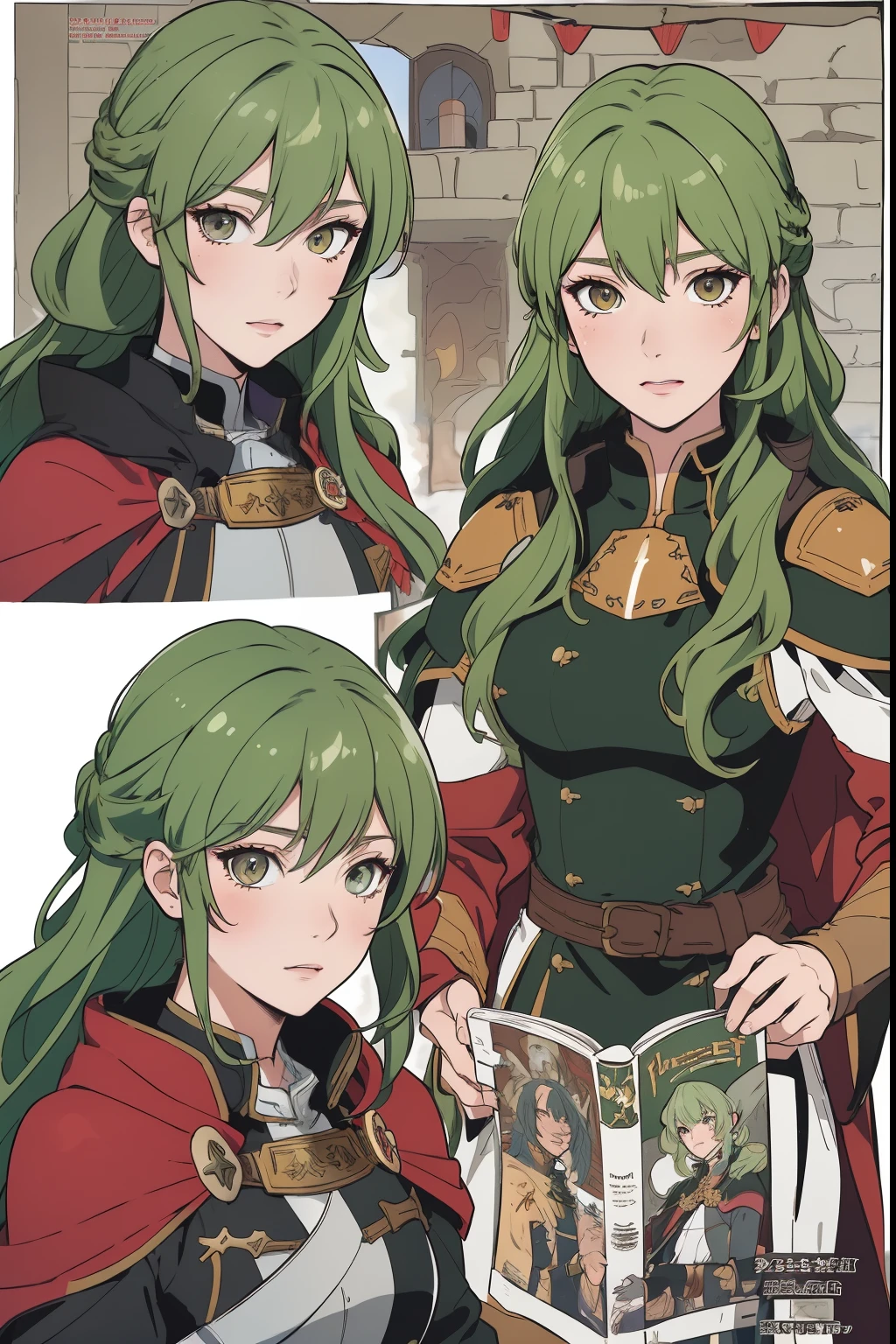 (masuter piece,Best Quality,Ultra-detailed), (A detailed face), ((Character Sheet:1.2)), blond eyes,(Green hair:1.1), Two-tone hair,Knight's costume, Black and red cloak, flat-chest, Dagger decoration,((Fire emblem)), 1girl in, the same character, (magazine:1.3), (cover-style:1.3)