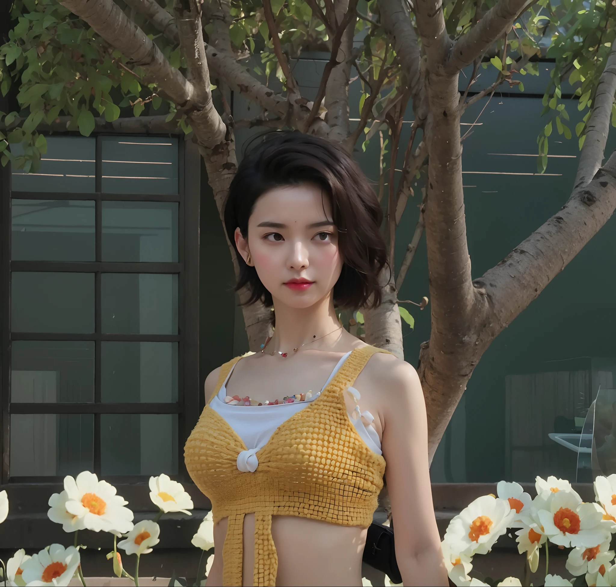 (Best quality, 8k, 32k, Masterpiece, UHD:1.2),Photo of Pretty Japanese woman, large breasts, very short bob hair,upper body,face focus,oversized_sweater, necklace, simple background, from above, looking at viewer,