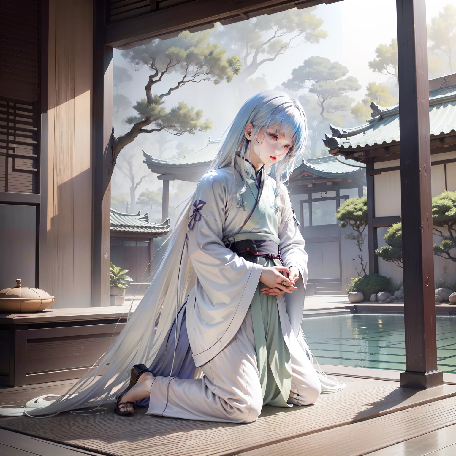 Kizi,kneels on the ground,Hanfu in his 20s, (wie z_swarm), tree, pool, White hair, Green eyes, Nahida_Genshin, , Masterpiece, Best quality