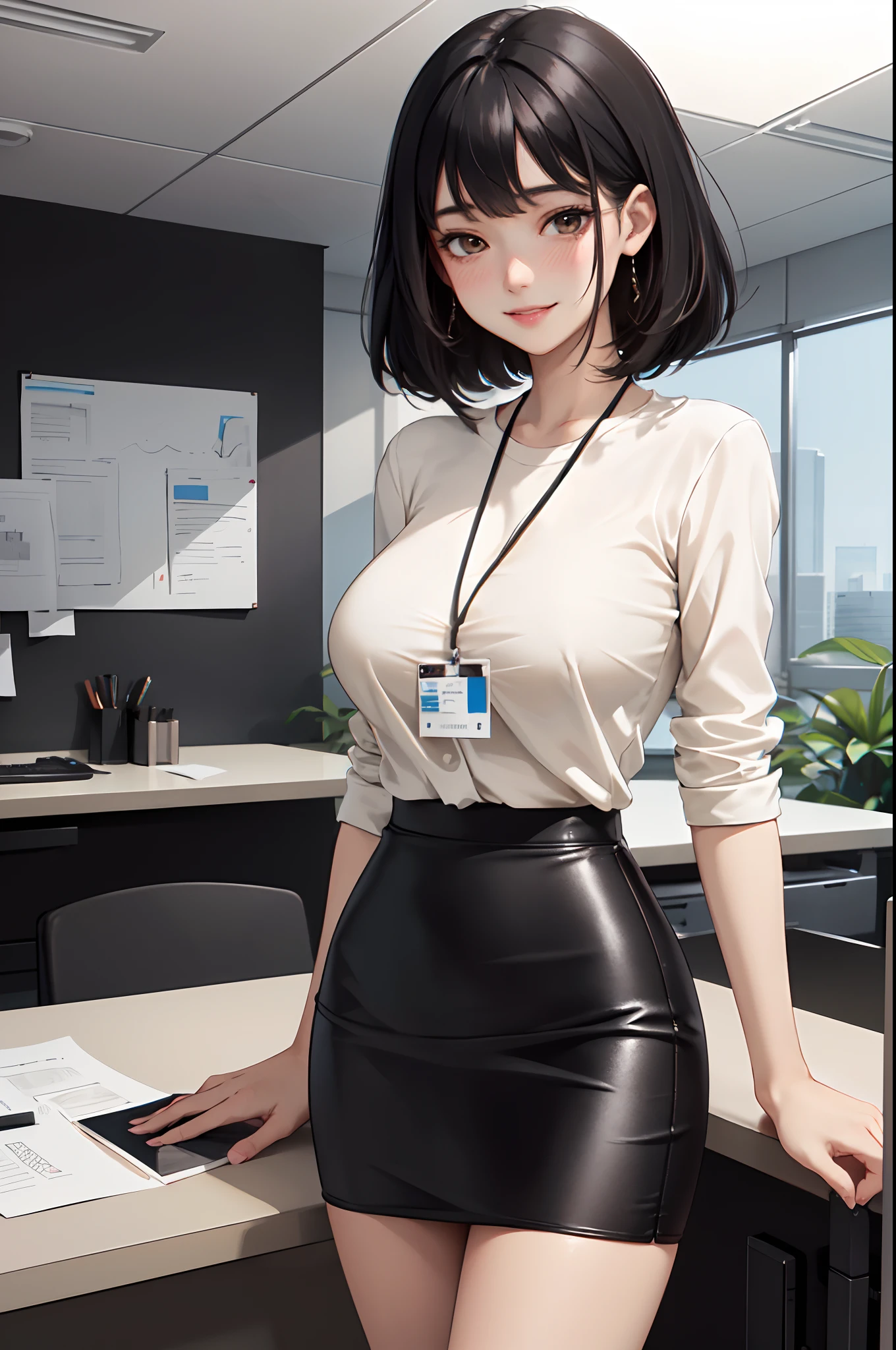 /(modern office indoors/), 1lady solo, /(black medium hair/) bangs, /(office casual pencil skirt green/) /(id card/), blush kind smile, (masterpiece best quality:1.2) delicate illustrations high resolution ultra-detailed, large breasts