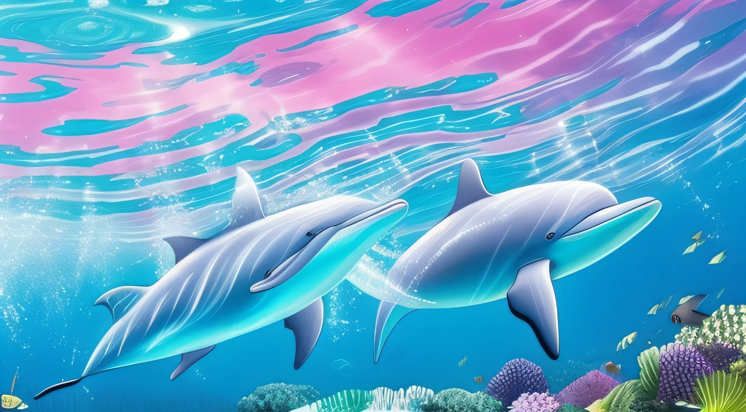 Psychedelic dolphin at a fish party, o golfinho vomita uma gosma rosa e tem uma raia voadora