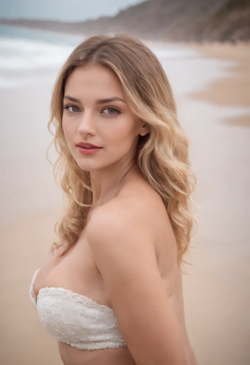 Sexy woman, 20 years old, Slim, sport, shiny tanned skin, gigantic cleavage breasts, Narrow waist, curly blond hair, Red Lingeri, Realistic, Photography, realisitic, Natural. sandy beach side