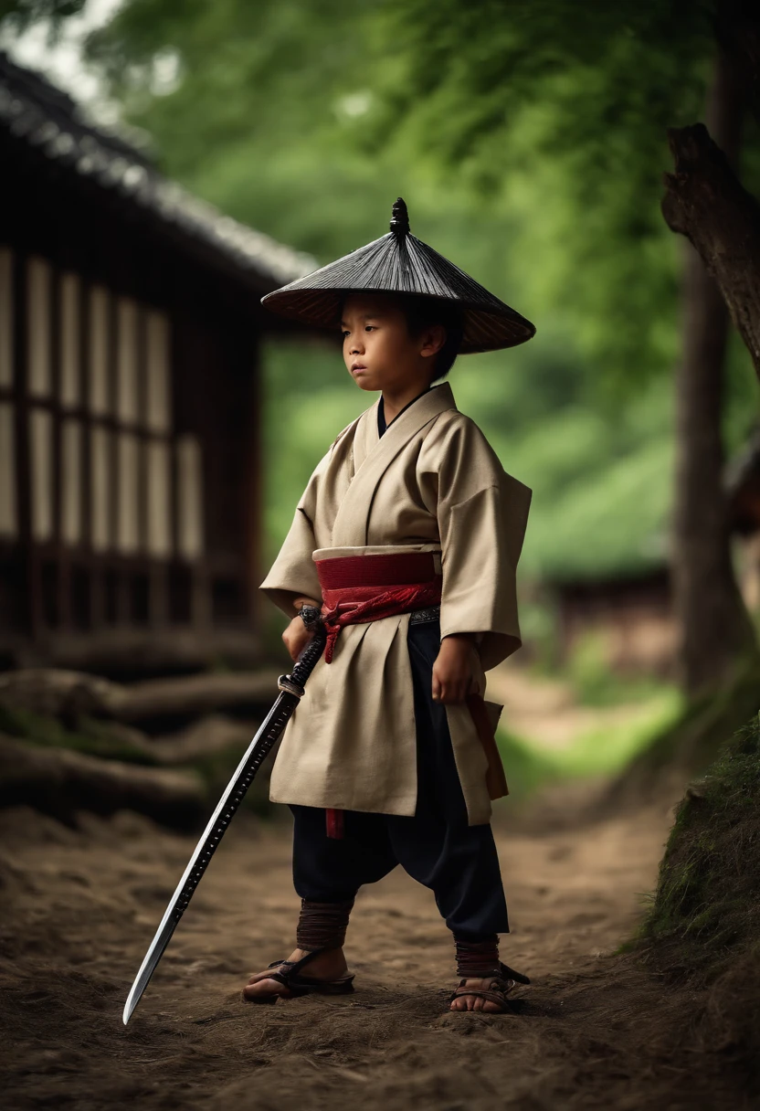 A young boy dressed as a samurai with a katana., Walk in a mysterious village, Sharp, lifelike, Sky before rain, Wind,