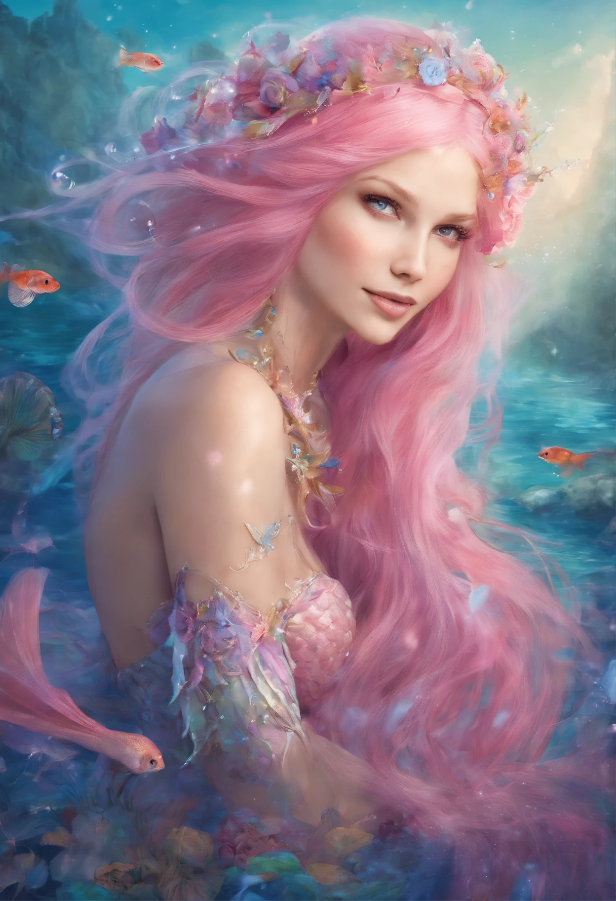Beautiful mermaid, long pink hair, blue eyes, sweet smile