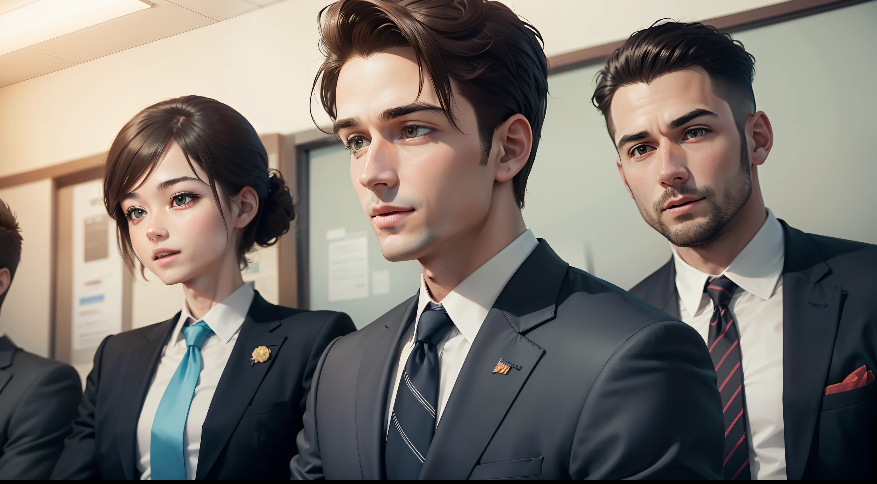 Ryan wearing suit and tie, feeling happy, in a community center, animated style, UHD