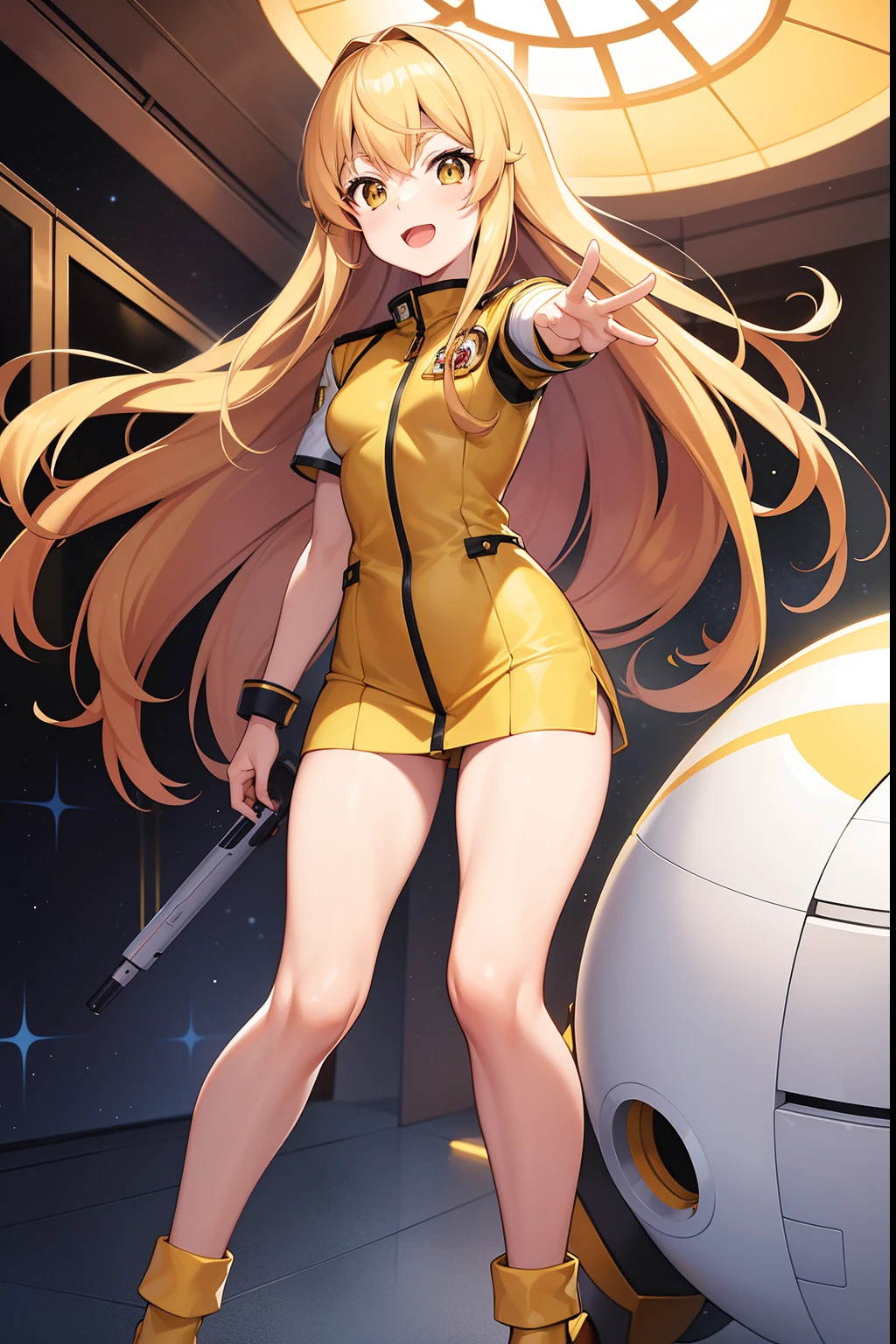 Yuki Mori from Space Battleship Yamato, Mori Yuki, all yellow uniform, Tight uniform, sexy female uniform, Space Battleship 1999 Yamato uniform, all yellow uniform, long blond hair, inside a spaceship, white corridor, brightly lit, small round windows showing space, bending forward at the hip, to pick up the gun on the floor, knees straight, straight legs, very long legs, action pose, dynamic camera angle