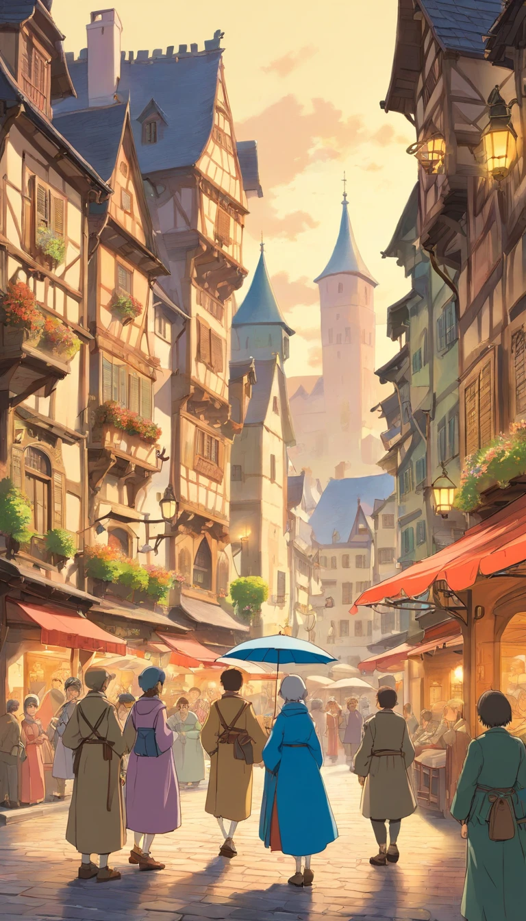 Generate an image of a bustling city square in the year 1518, with a distinct backdrop of Strasbourg. Capture the uneasy atmosphere with people showing expressions of confusion and apprehension. Include details of the time period with historical buildings, clothing, and perhaps a banner or two illustrating the harsh realities of famine and disease.