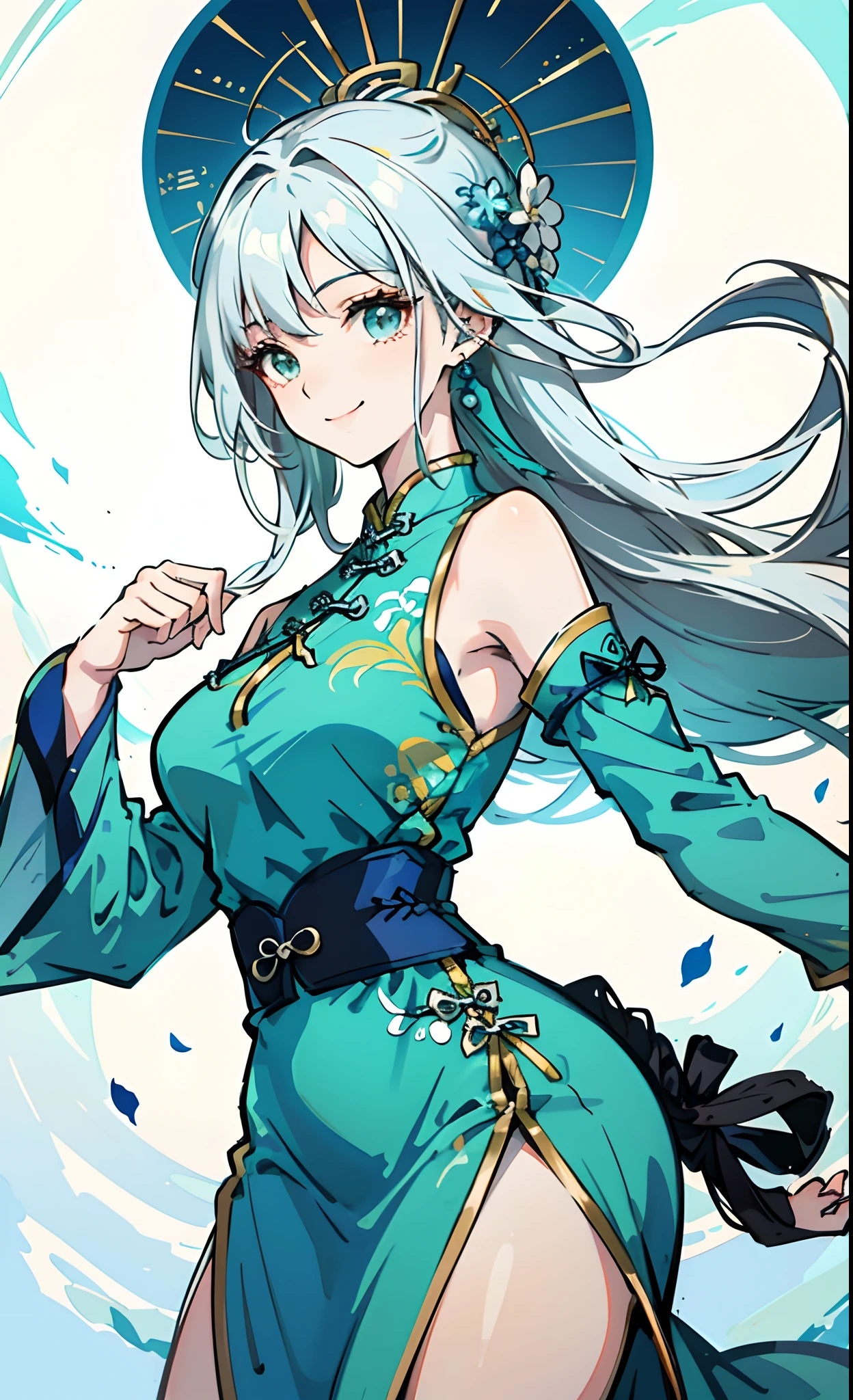Anime characters Female expression, smile, smart shape, curvy beauty, long blue and white hair, green atmosphere, blue cheongsam