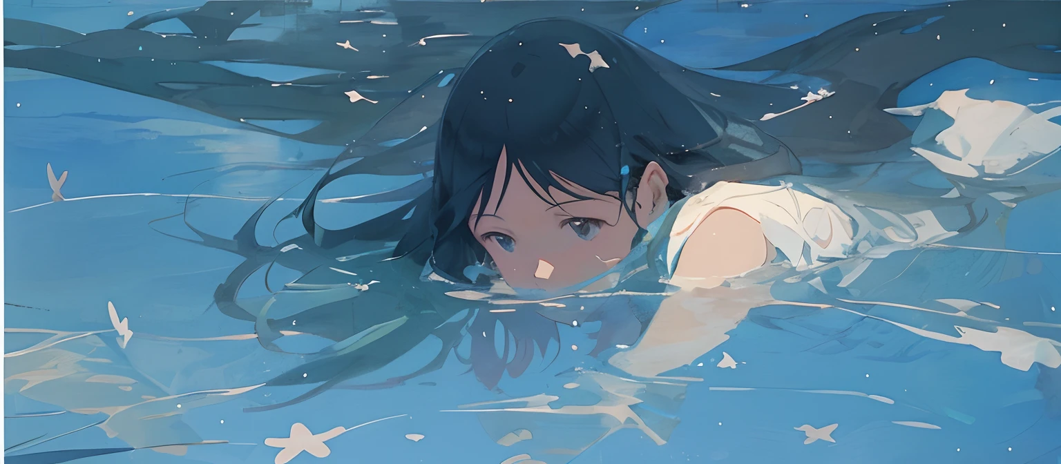 Anime girl floating in water,There are stars overhead, conrad roset and makoto shinkai, float in the water, Lofi art, author:yanjun cheng, In the sea, Blue sea. By Makoto Shinkai, In the ocean, In the water, lofi girl aesthetic, Anime girl walking on water, lofi-girl, In water