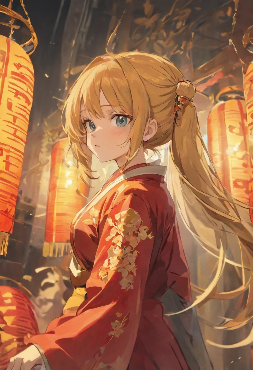 Best quality,A age girl,China-style,on cheongsam:1.4,on cheongsam:1.4,Cyan dragon pattern:1.8,Red lantern:1.8,Temple fair background:1.8,Natural soft light,Fine lines,Ultimate quality,8K quality,Clear detail:1.8,Masterpiece