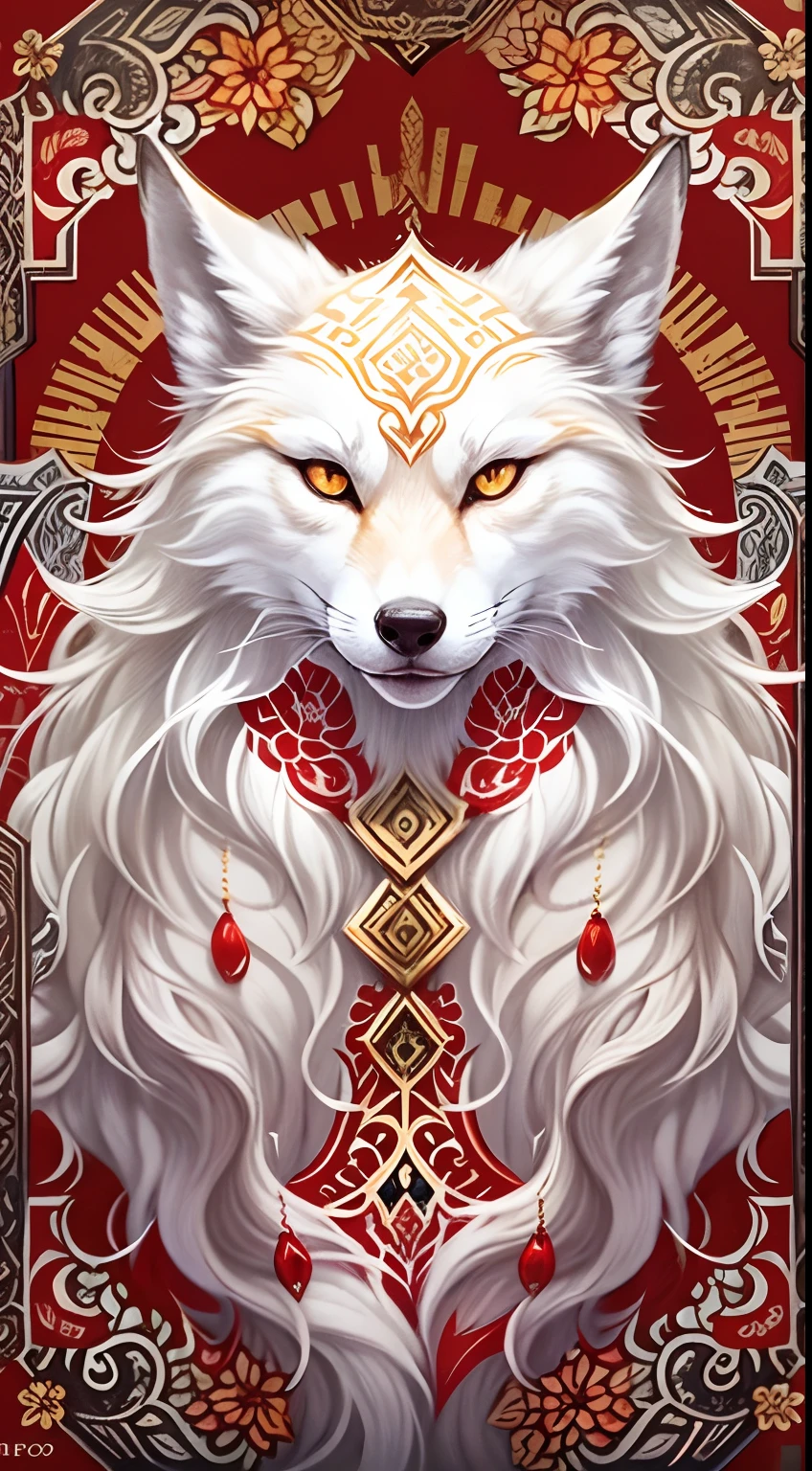 Mythical white fox with nine tails, looking at viewer directly,Some red tattoos and whiteness divine beast Red pattern Background with gold
