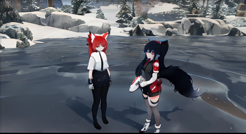 there are two people standing in the water with a red hair, vrchat, nixeu and sakimichan, medium shot of two characters, second life avatar, standing in the snow, kemono, roleplay, holo is a wolf girl, twintails white_gloves, with kitsune mask, in an icy cavern, in game