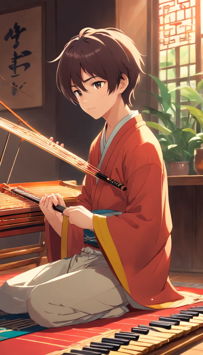 full body Esbian, Very young boy sitting on a mat playing guzheng,Oriental face,With very unique features and cartoon-style visuals。
