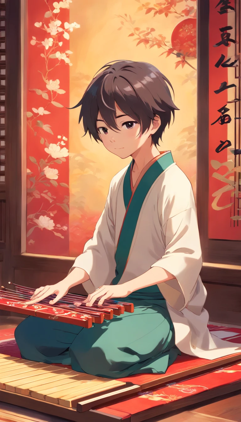 full body Esbian, Very young boy sitting on a mat playing guzheng，Oriental face，With very unique features and cartoon-style visuals。