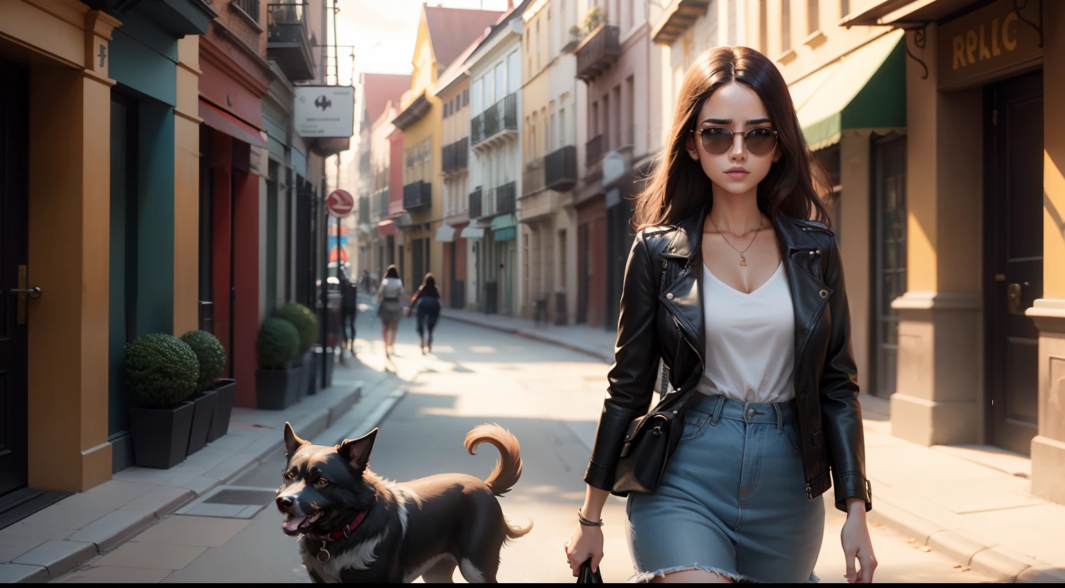 a beautiful young woman with dark hair and sunglass walking on a street with a dog, animated style, UHD
