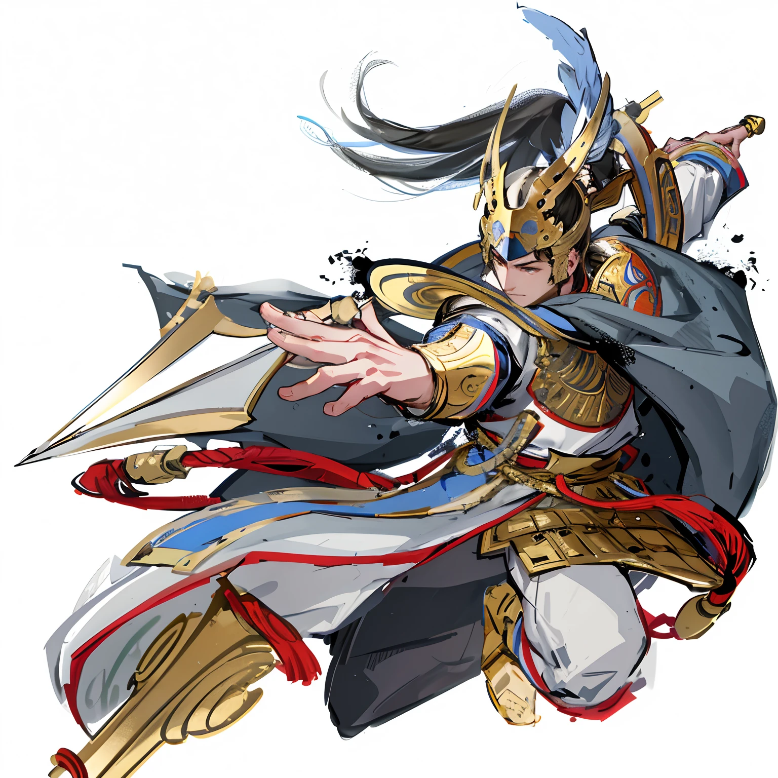 Close-up of a man with a spear and helmet, Three Kingdoms style,male people,zhao yun,Delicate facial features