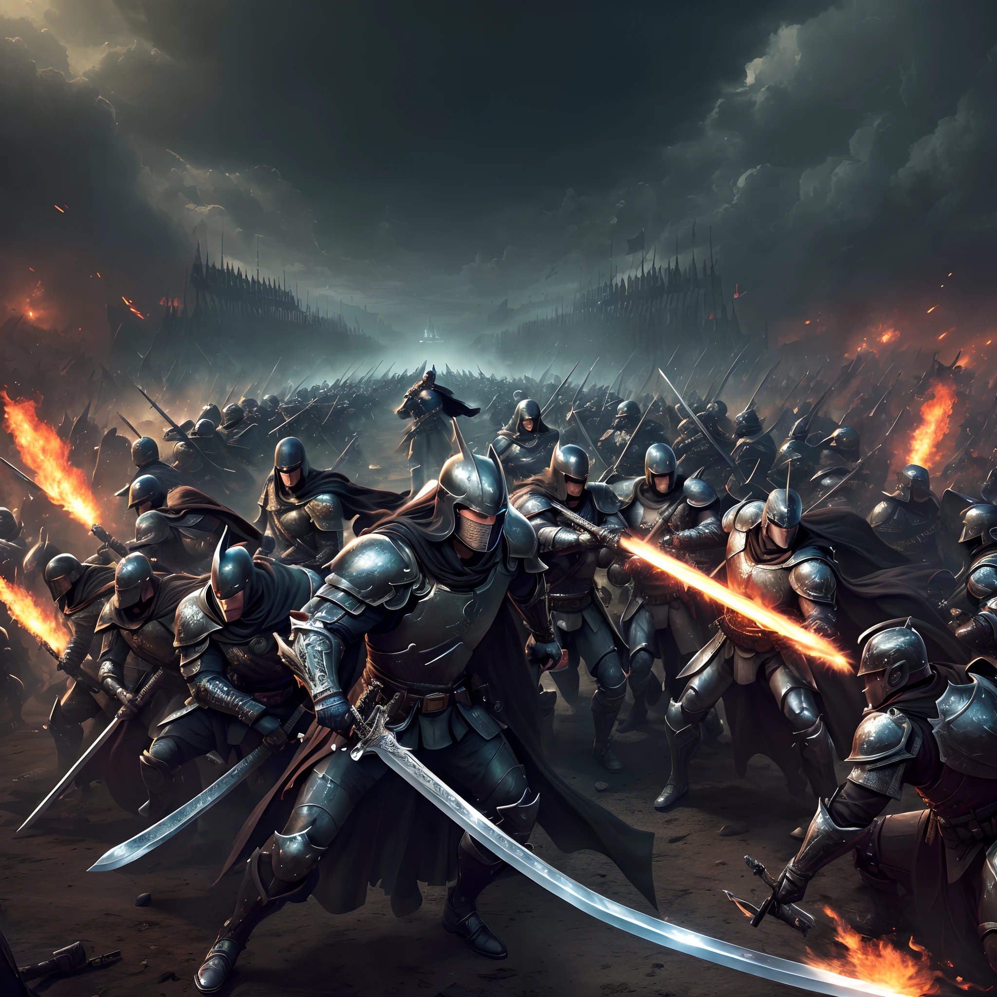 ((top-quality)), ((masterpiece)), ((ultra-detailliert)),(8k wallpaper:1.2),(Ultra-high resolution:1.2),(masterpiece:1.1),wallpaper,High quality,(High detail),(absurdres, highres, ultra detailed),( best quality:1.2),1 dark knight,jet black armour, holding a sword, battlefield, warzone, surrounded by paladins, midjourney,