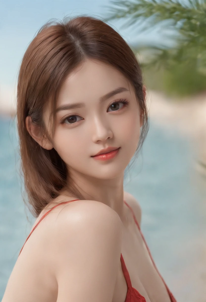 1 Japan girl, (18 year old girl), (upper body), (tremendously big: 1.3), upper body, (realistic: 1.7), (highest quality)), absurdity, (ultra high resolution), (photorealistic: 1.6), photorealistic, octane rendering, (hyperrealistic: 1.2), (photorealistic face: 1.2), (8k), ( 4k), (masterpiece), (realistic skin texture), (illustration, movie lighting, wallpaper), (beautiful eyes: 1.2), (big eyes: 1.2), (perfect face)))), (standing), (viewer show: 1.2), (smile: 1.2), (cute), (long-haired), (one-piece swimsuit and armpit and pubic hair), (arm back: 1.4), (red lips: 1.1), outdoor, beautiful seaside city