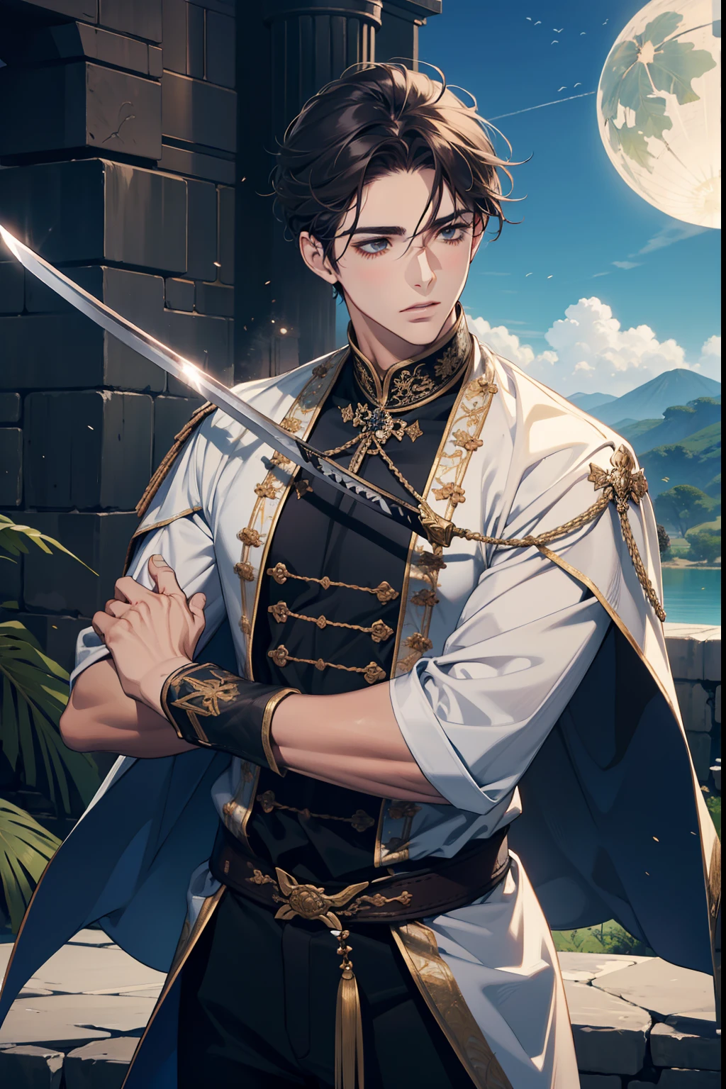 criar um guerreito parecido com o Thomas Cruise com uma roupa do yang kai com uma espada do lado antiga uma katana e com ruinas de um castelo antigo de pedra no estilo martial peak