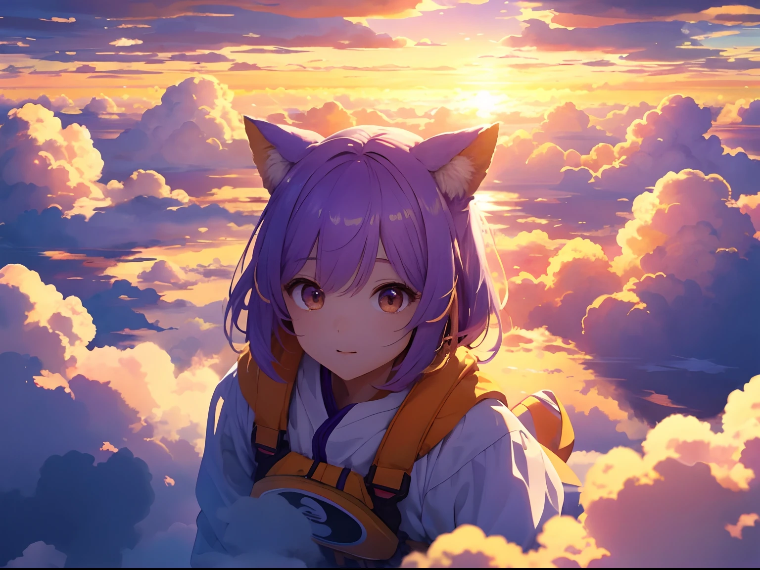 1girll，独奏，Floating in the sky，upon the clouds，Marshmallow-like clouds，Surprised，Bright，the sunset，evening light，Beautiful clouds，Close-up of the shot，Plenty of orange-yellow and purple，A high resolution，ultra - detailed，tmasterpiece，best qualtiy，