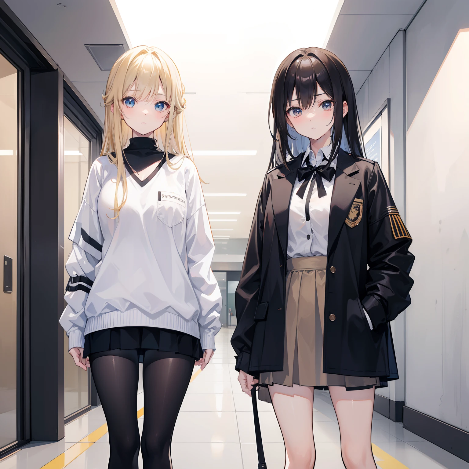 Create an image of two cute anime characters, Yori and Aina, standing in a college hallway. Yori is a beautiful black-haired girl with a lot of attitude. She is stylish and extroverted, and she is wearing a leather jacket, a white college shirt, a dark brown tie, and sneakers. She has a comfortable expression on her face. Aina is a beautiful blonde-haired girl who is shy and introverted. She is wearing a white college shirt, a dark brown college coat, a dark brown tie, and sneakers. She has an uncomfortable expression on her face. The two girls are standing with their faces in opposite directions.
