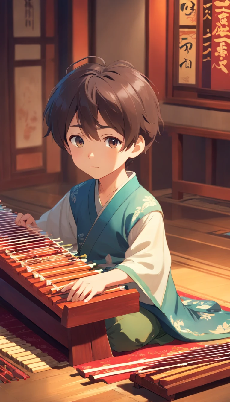 full body Esbian, Very young boy sitting on a mat playing guzheng,Oriental face,With very unique features and cartoon-style visuals。
