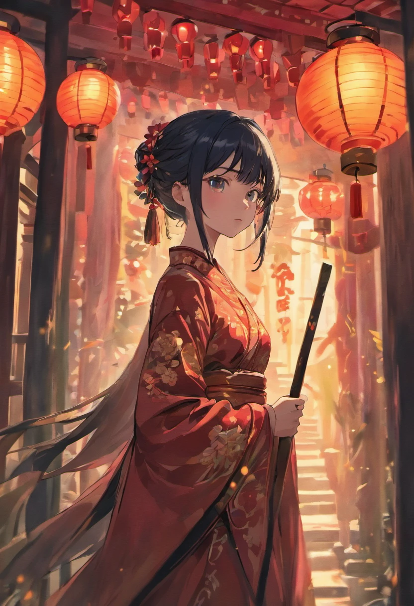 "high-quality artwork of a age girl with black hair holding a sugar-coated hawthorn skewer in a traditional Chinese setting. She is wearing a dragon-patterned qipao gown:1.4 with intricate details and vibrant blue color. Surrounding her is the background of a nighttime temple fair:1.8, with the atmosphere of a festival. The scene is illuminated by soft and natural lighting, enhancing the overall ambiance. The artwork should showcase ultra-fine painting techniques:1.8, with an emphasis on realistic and photorealistic:1.37 details, capturing the essence of a masterpiece:1.2. The image should be of the highest quality with a resolution of 8K, displaying clear and sharp focus:1.8. The colors should be vivid and vibrant, with the prominence of a red lantern:1.8 adding to the overall color scheme. The artistic style should represent a fusion of Chinese traditional elements:1.4 and contemporary aesthetics, creating a visually captivating and evocative presence. The girl's eyes, lips, and facial features should be beautifully detailed, ensuring that her expression and appearance are accurately depicted."

Please reply to me with the full prompt you generated。