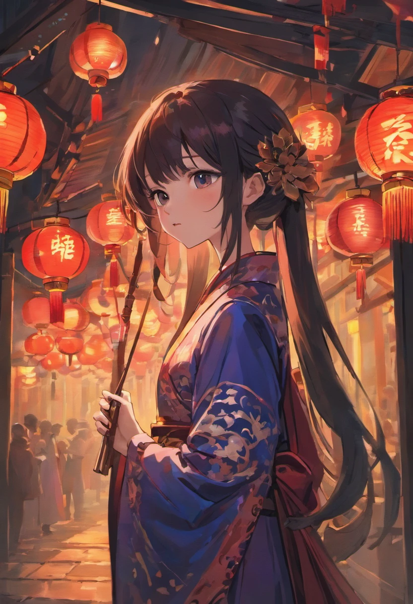 "high-quality artwork of a teenage girl with black hair holding a sugar-coated hawthorn skewer in a traditional Chinese setting. She is wearing a dragon-patterned qipao gown:1.4 with intricate details and vibrant blue color. Surrounding her is the background of a nighttime temple fair:1.8, with the atmosphere of a festival. The scene is illuminated by soft and natural lighting, enhancing the overall ambiance. The artwork should showcase ultra-fine painting techniques:1.8, with an emphasis on realistic and photorealistic:1.37 details, capturing the essence of a masterpiece:1.2. The image should be of the highest quality with a resolution of 8K, displaying clear and sharp focus:1.8. The colors should be vivid and vibrant, with the prominence of a red lantern:1.8 adding to the overall color scheme. The artistic style should represent a fusion of Chinese traditional elements:1.4 and contemporary aesthetics, creating a visually captivating and evocative presence. The girl's eyes, lips, and facial features should be beautifully detailed, ensuring that her expression and appearance are accurately depicted."
Please reply to me with the full prompt you generated。
