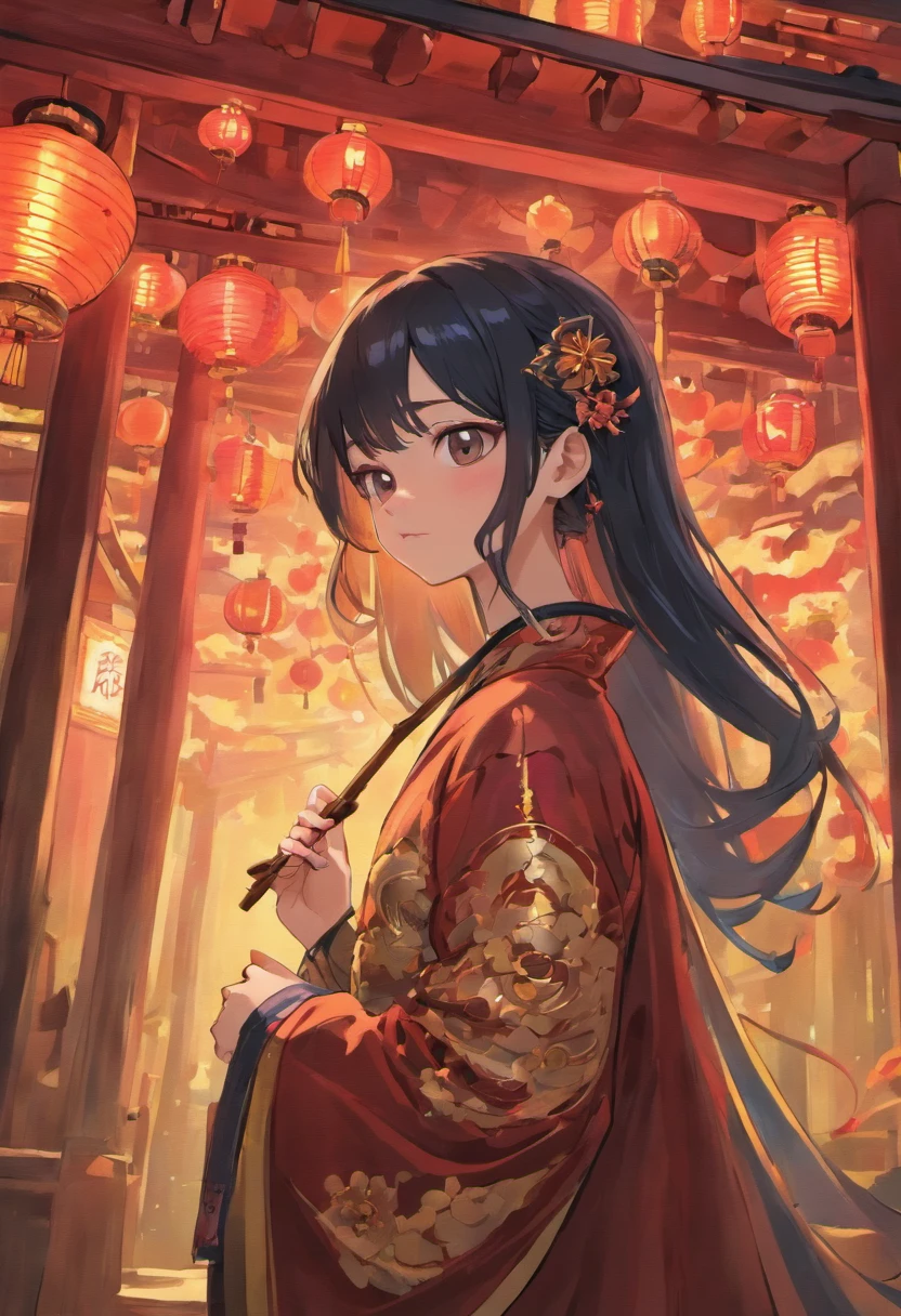 "high-quality artwork of a age girl with black hair holding a sugar-coated hawthorn skewer in a traditional Chinese setting. She is wearing a dragon-patterned qipao gown:1.4 with intricate details and vibrant blue color. Surrounding her is the background of a nighttime temple fair:1.8, with the atmosphere of a festival. The scene is illuminated by soft and natural lighting, enhancing the overall ambiance. The artwork should showcase ultra-fine painting techniques:1.8, with an emphasis on realistic and photorealistic:1.37 details, capturing the essence of a masterpiece:1.2. The image should be of the highest quality with a resolution of 8K, displaying clear and sharp focus:1.8. The colors should be vivid and vibrant, with the prominence of a red lantern:1.8 adding to the overall color scheme. The artistic style should represent a fusion of Chinese traditional elements:1.4 and contemporary aesthetics, creating a visually captivating and evocative presence. The girl's eyes, lips, and facial features should be beautifully detailed, ensuring that her expression and appearance are accurately depicted."
Please reply to me with the full prompt you generated。