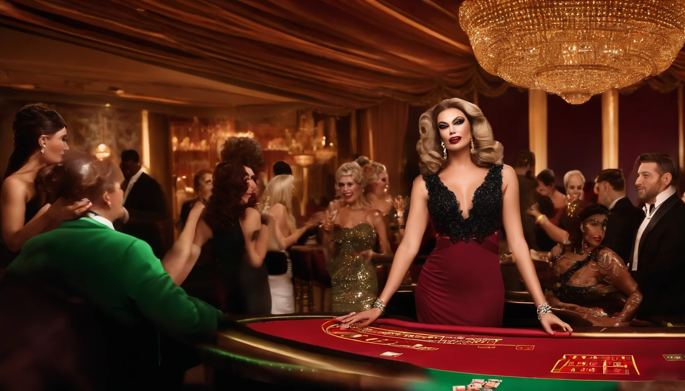 title: "Vida Luxuosa nas Cartas: A Drag Queen Dealer"

description: Crie uma arte que retrate uma cena vibrante e glamorosa em um cassino. No centro da imagem, uma deslumbrante drag queen, totalmente caracterizada com um look extravagante, is sitting behind a casino table, pronta para embaralhar as cartas. Ela usa um vestido longo e brilhante, com penas e lantejoulas coloridas, along with a lush wig and flawless makeup.

Ao redor da mesa, Players are delighted with the presence of the drag queen dealer, vestidos elegantemente e segurando fichas de cassino. Their expressions reveal a mixture of excitement and admiration, enquanto desfrutam da atmosfera glamorosa do local.

No fundo, The bright and flashy lights of the casino blend with the brightness of the slot machines and gaming tables. A arte deve capturar a energia vibrante e o senso de empoderamento que uma drag queen transmite, while maintaining the sophisticated and luxurious atmosphere of a casino.

Feel free to add additional elements, as elegant cocktails, notas de dinheiro voando pelo ar, or even a sign indicating the name of the casino. Show off the fun, o glamour e a magia que essa drag queen dealer traz ao mundo dos jogos de azar.