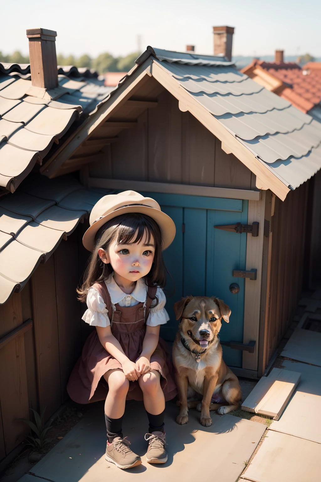 A and a dog sitting on the roof
