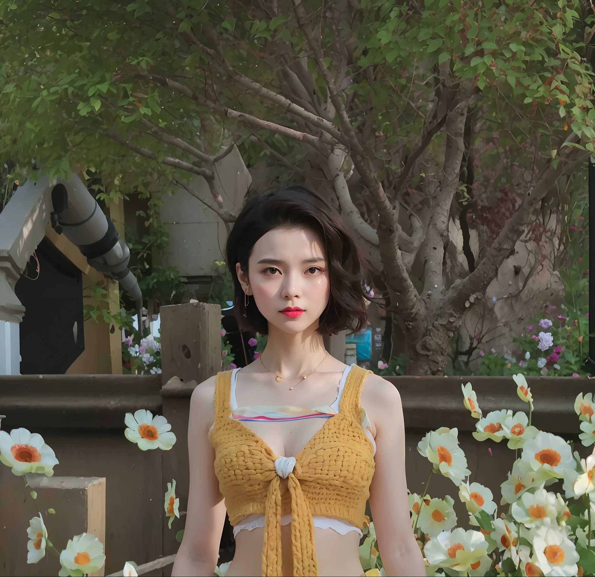 (Best quality, 8k, 32k, Masterpiece, UHD:1.2),Photo of Pretty Japanese woman, large breasts, very short bob hair,upper body,face focus,oversized_sweater, necklace, simple background, from above, looking at viewer,