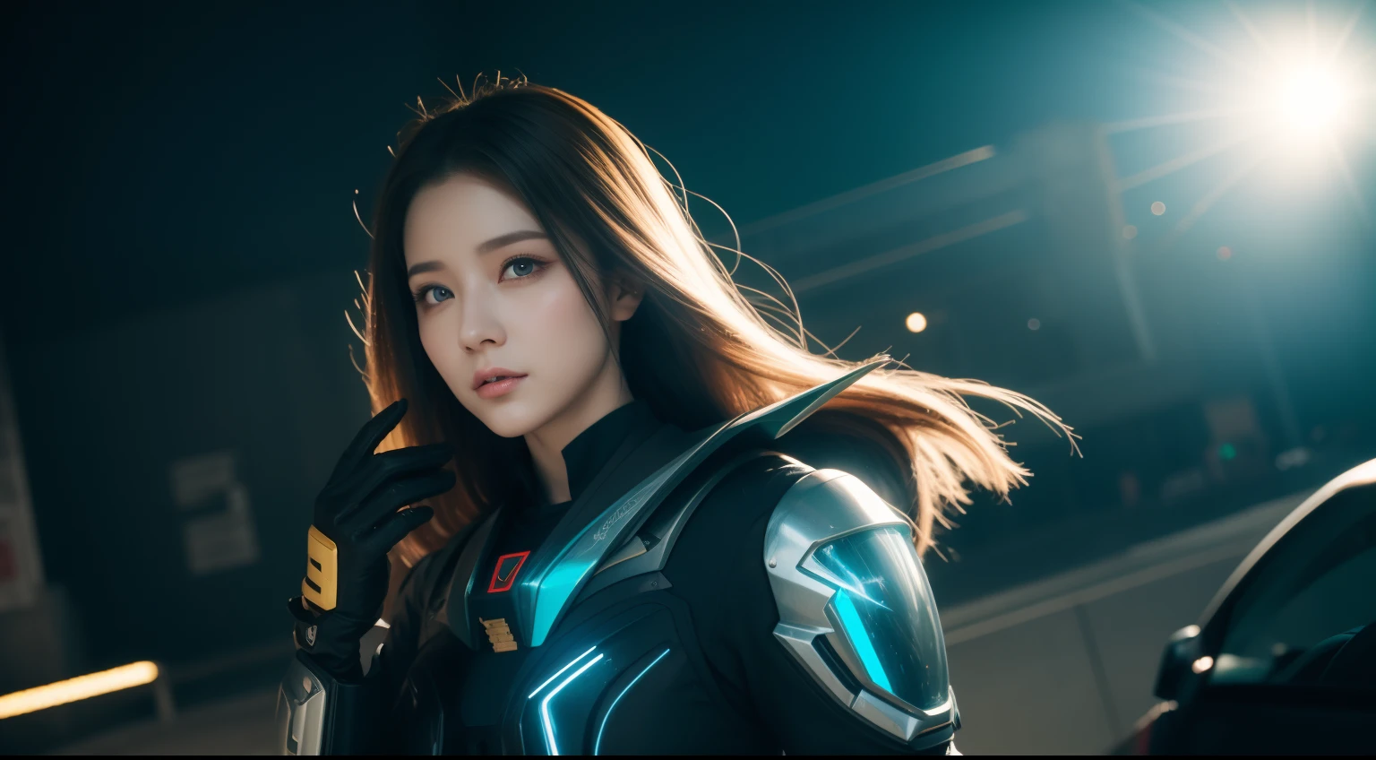 best quality,masterpiece,realistic,Bokeh,1girl,cinematic_lighting,lens_flare,reality_ray_tracing,fantasyArt,Kinetic Art,cinematic,cyberpunk,DigitalArt,absurdres,incredibly_absurdres,official_style,white skin,mecha musume,cyborg,gradient hair,one side up,cathedral,8 Bit Game,Magic Vortex,cowboy_shot,adjusting gloves,