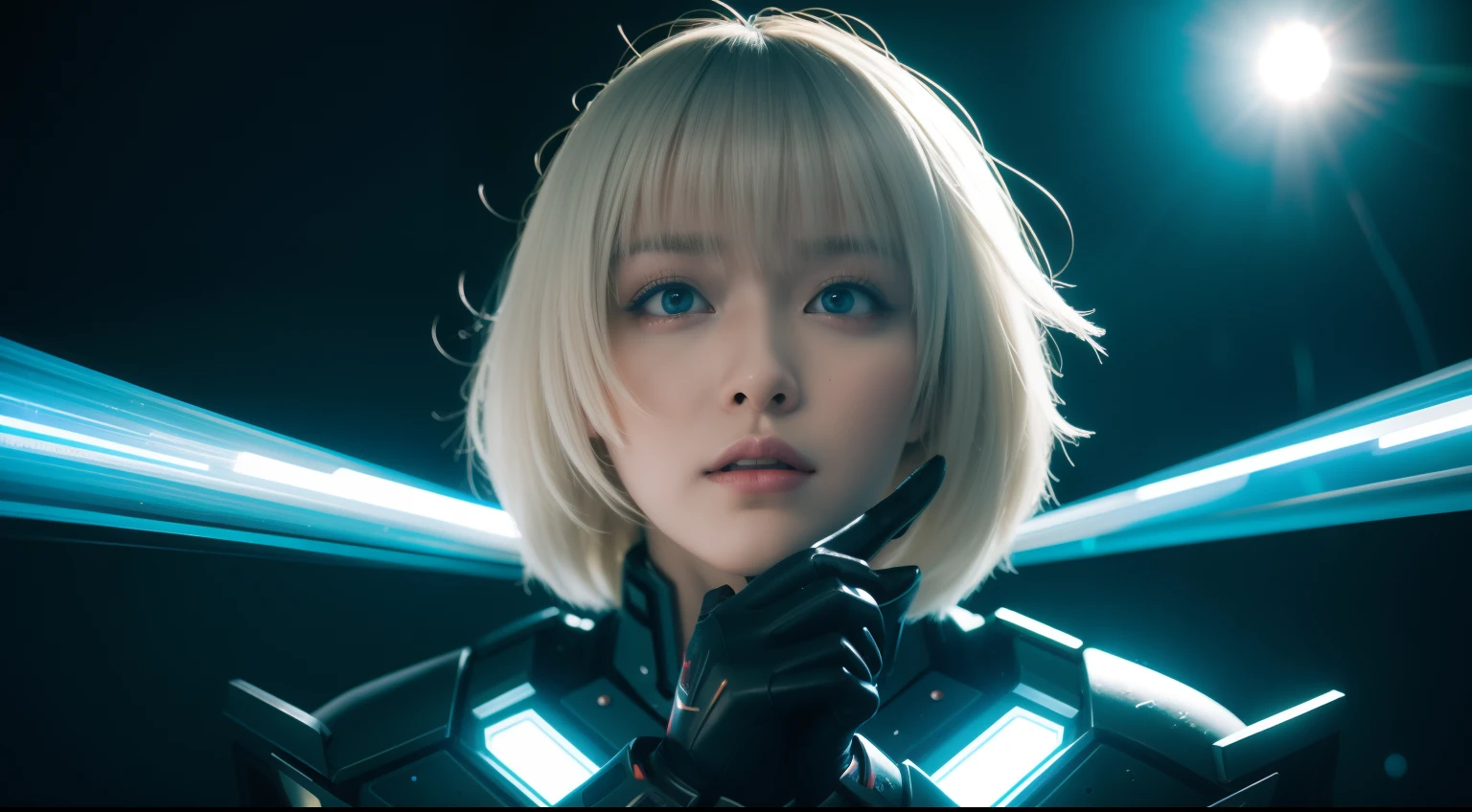 best quality,masterpiece,realistic,Bokeh,1girl,cinematic_lighting,lens_flare,reality_ray_tracing,fantasyArt,Kinetic Art,cinematic,cyberpunk,DigitalArt,absurdres,incredibly_absurdres,official_style,white skin,mecha musume,cyborg,gradient hair,one side up,cathedral,8 Bit Game,Magic Vortex,cowboy_shot,adjusting gloves,