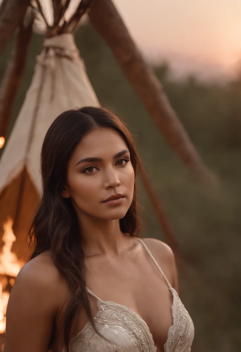 ultra detailed artistic photography, Native American beautiful Apache female, tee pee, moonlight, fire pit, feathers, sexy, dreamy, glowing, backlit, shadows, oil on canvas, smooth, ultra high definition, 8k, ultra sharp focus, intricate artwork masterpiece, flowy outfit, highly detailed, vibrant, production cinematic character render, ultra high quality model