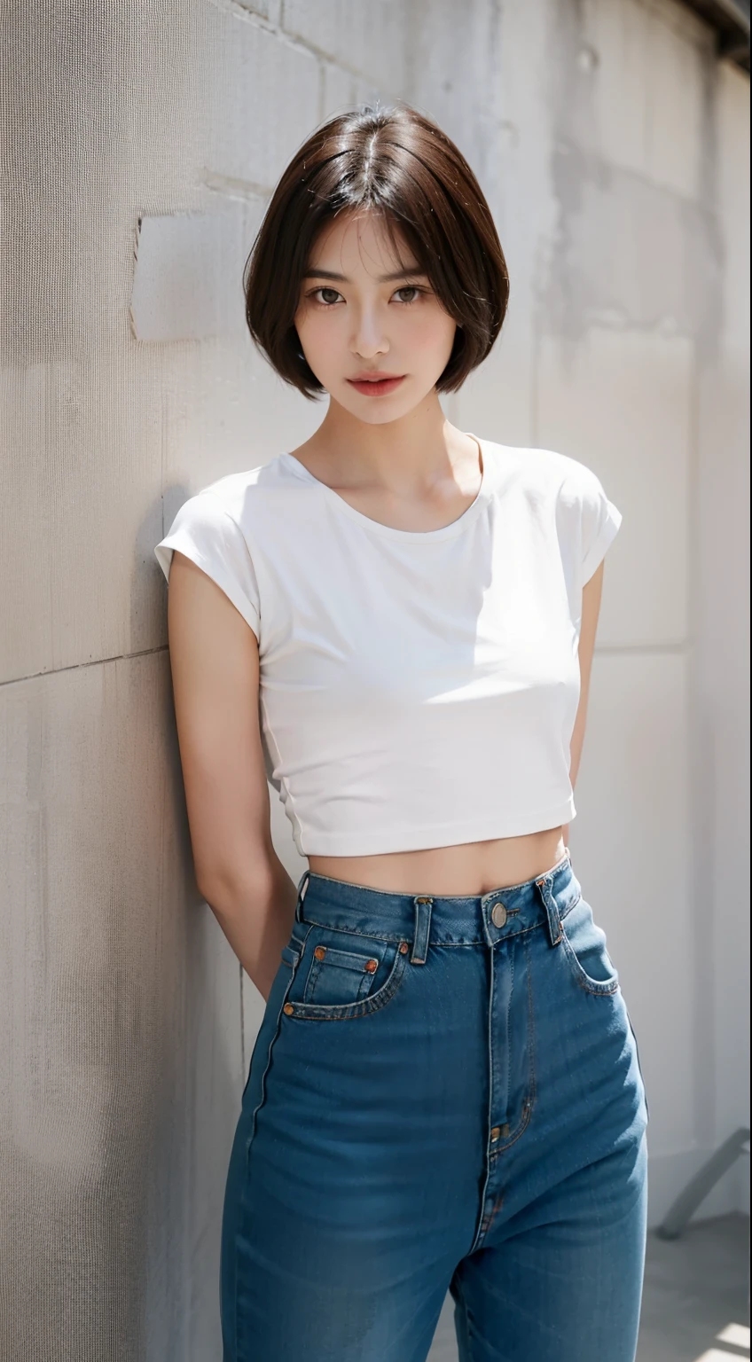 Girl posing for photo in white bra and tight denim, arms behind back, full body, with cropped t-shirt, bra, slim figure, smaller bust, slim girl model, 24 year old female model,